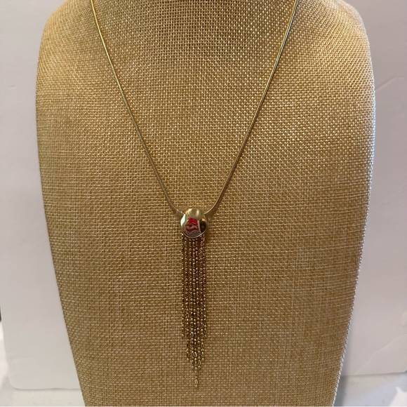 NWT Nordstrom Necklace gold w/ chain tassel on round pendant, sliding ball close - Picture 3 of 13